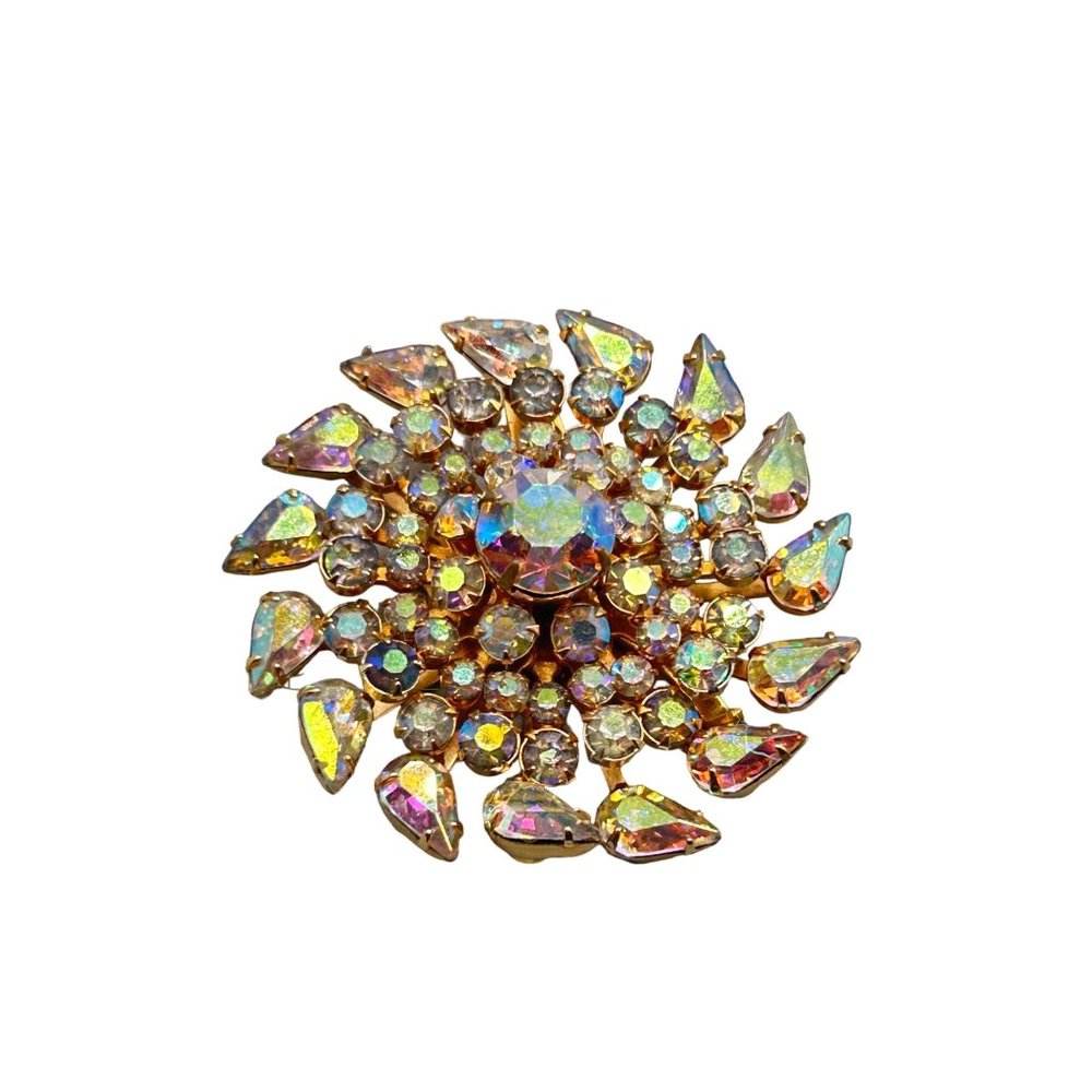 Kramer of NY Signed Vintage Pin Brooch AB Aurora Borealis Stones Layered Design